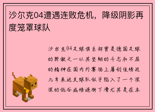 沙尔克04遭遇连败危机，降级阴影再度笼罩球队