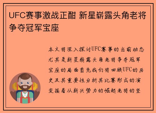UFC赛事激战正酣 新星崭露头角老将争夺冠军宝座