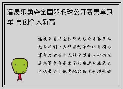 潘展乐勇夺全国羽毛球公开赛男单冠军 再创个人新高