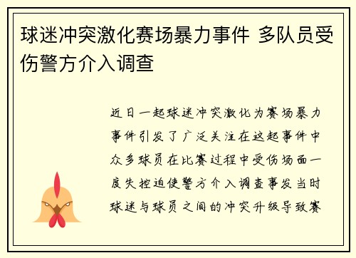 球迷冲突激化赛场暴力事件 多队员受伤警方介入调查